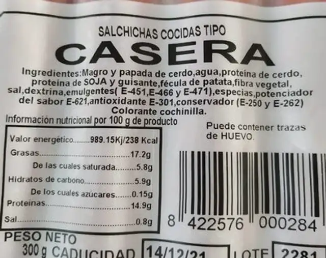 Salchichas cocidas tipo Casera nutrition facts table