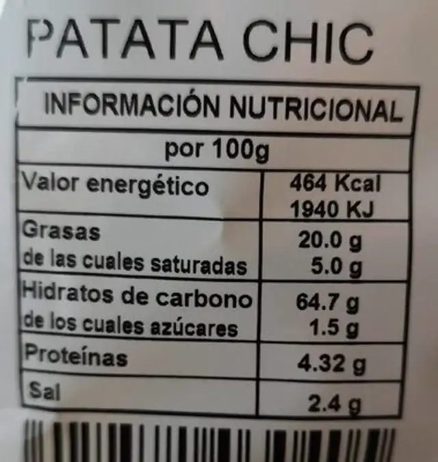 Patata Chic nutrition facts table