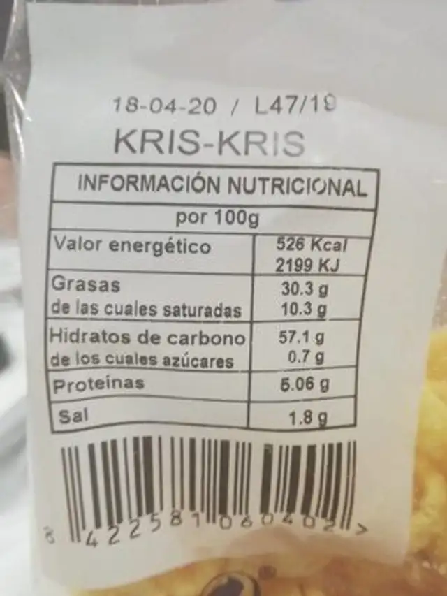 Roscas nutrition facts table