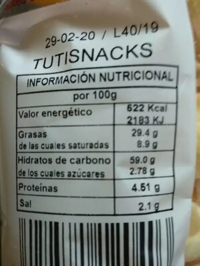 Aperitivos Los Sabrosos nutrition facts table