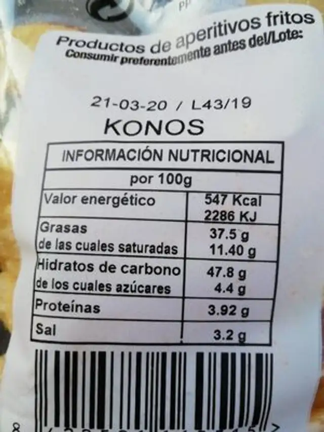 Konos nutrition facts table
