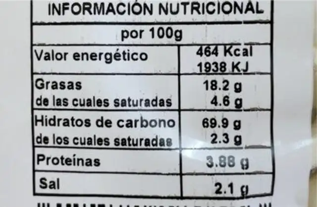 AROS DE PATATA nutrition facts table