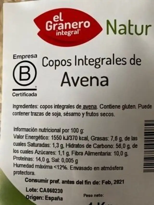 Comas intégrales de avena ingredients label