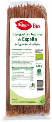 Bio espaguetis de espelta integral de cultivo ecológico front packaging