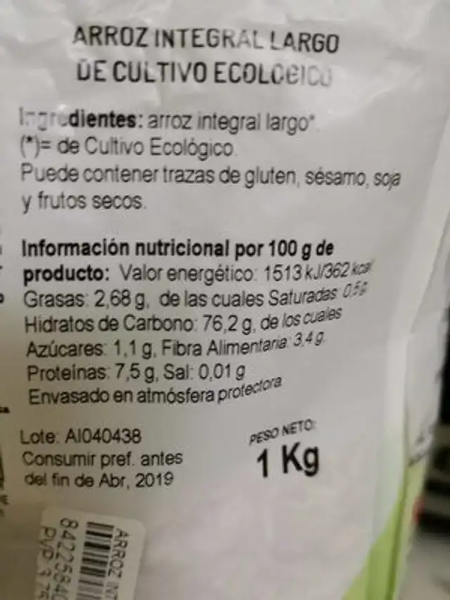 Arroz ligero largo nutrition facts table