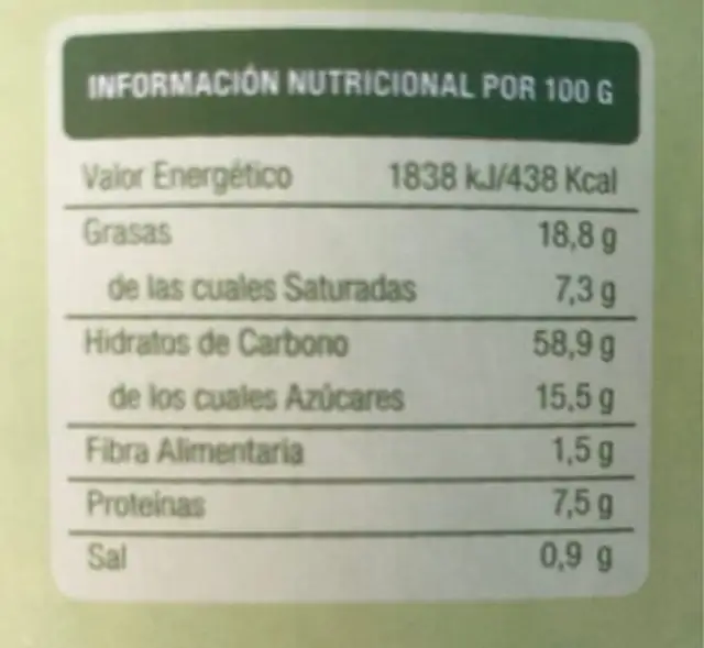 Galletas bioartesanas con cacao nutrition facts table