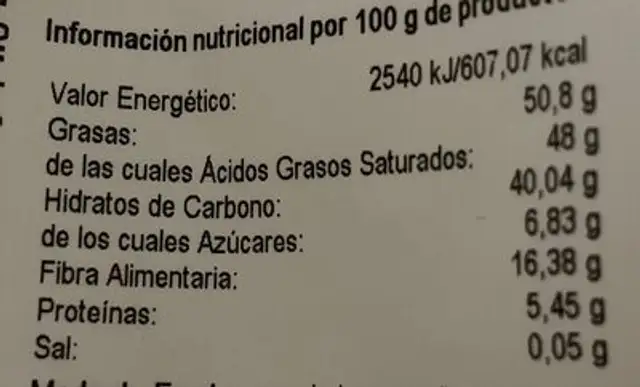 Copos Tostados de Coco nutrition facts table