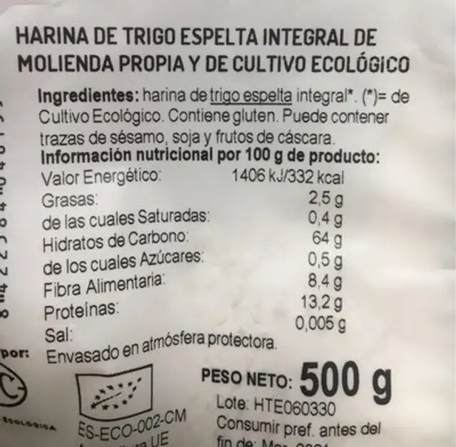 Bio harina de espelta integral ecológica nutrition facts table