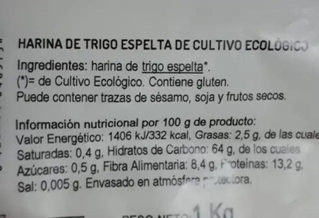 Harina Espelta Blanca Bio nutrition facts table