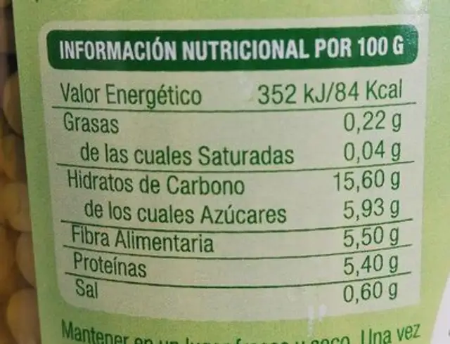 Guisantes nutrition facts table