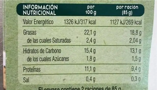 Tempeh de garbanzos nutrition facts table