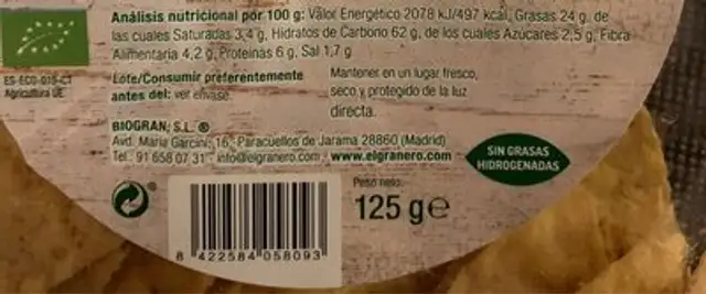 Bionachos De Queso nutrition facts table