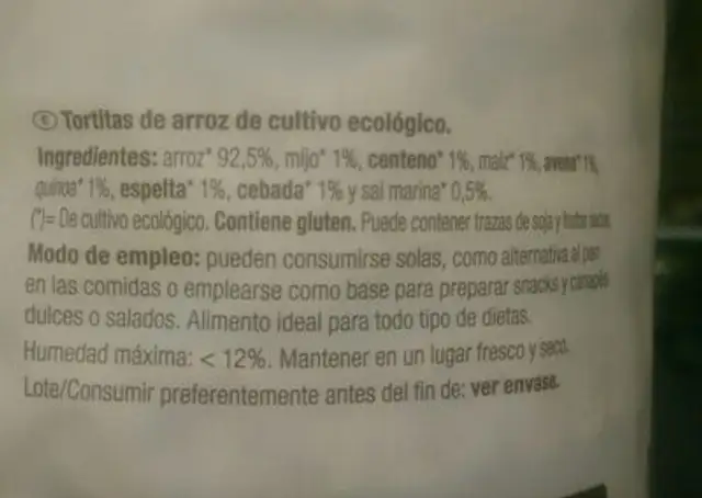 Tortitas de Arroz y 7 Cereales ingredients label