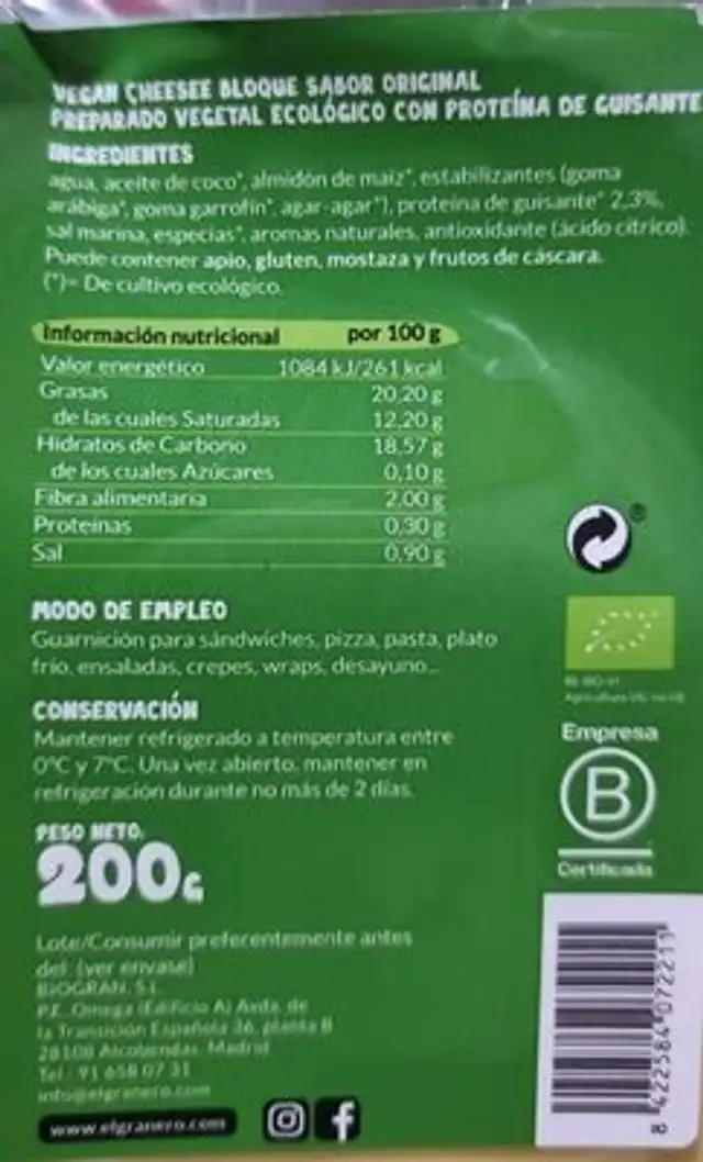 Vegan Cheese nutrition facts table