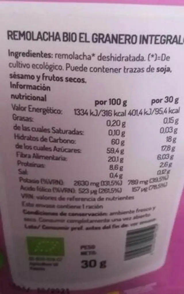 Remolacha nutrition facts table
