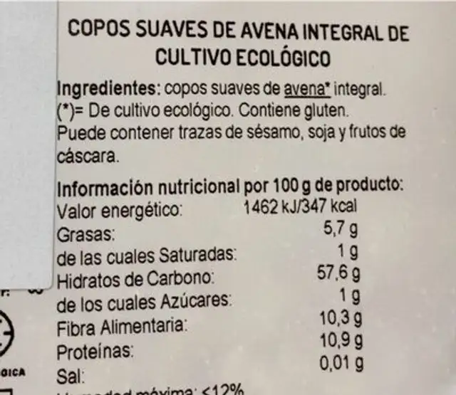 Copos de avena integral de cuktuvo ecologuco nutrition facts table