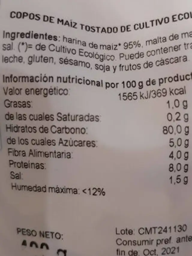 Copos de Maiz Tostados nutrition facts table