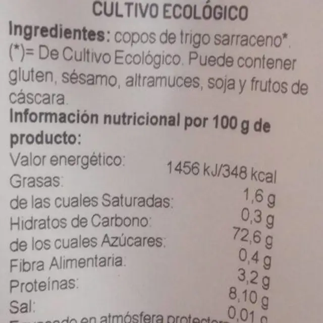 Copos de trigo sarraceno nutrition facts table