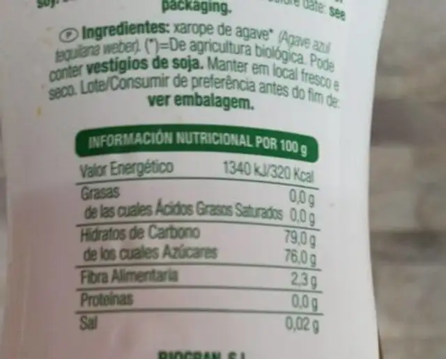 Sirope de agave azul nutrition facts table