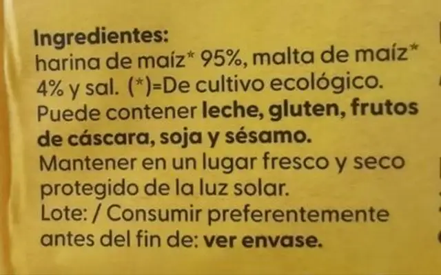 Copos de maiz tostado ingredients label