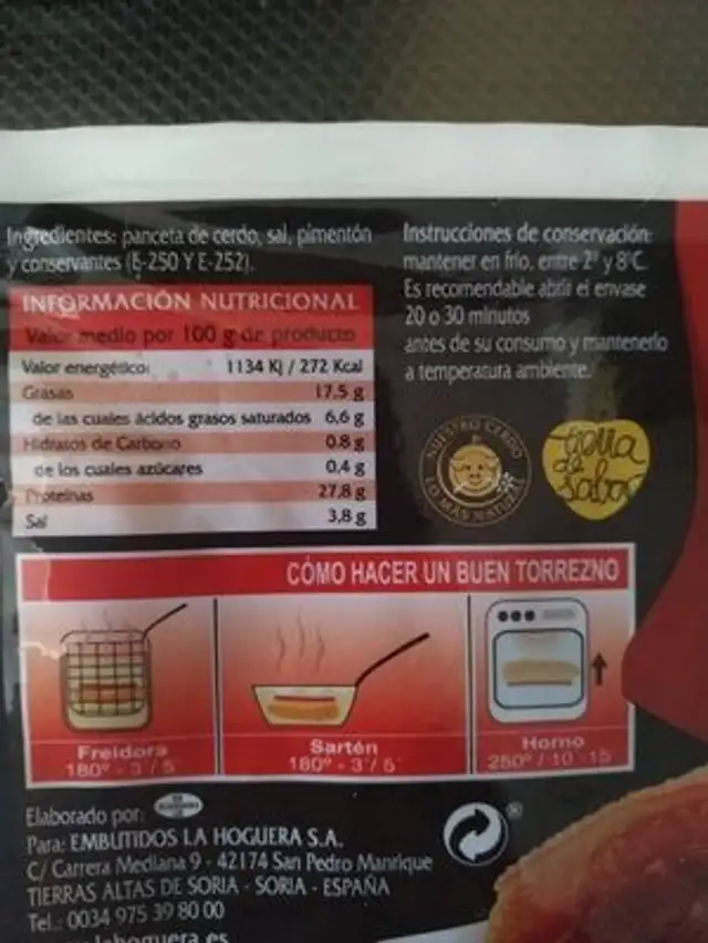 Unknown nutrition facts table