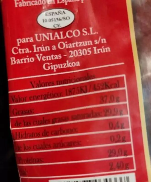 Chorizo SATRA EXTRA nutrition facts table