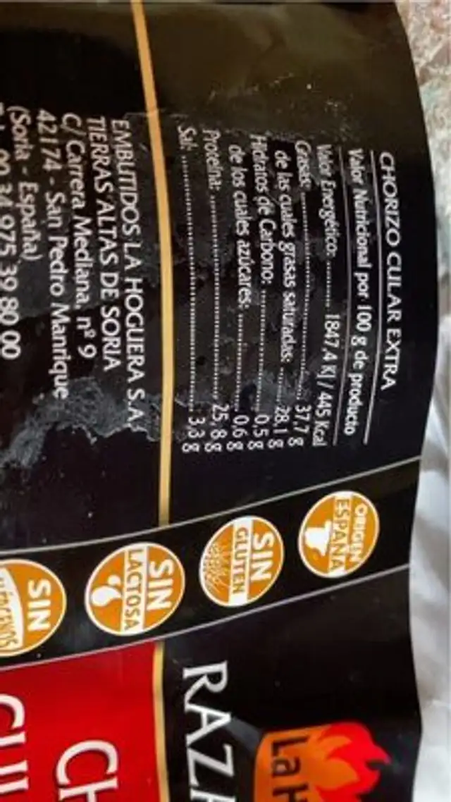 Chorizo nutrition facts table