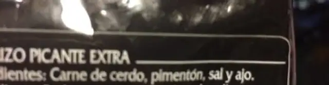 Chorizo picante extra ingredients label