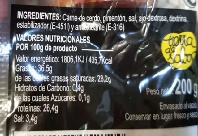 Chorizo extra tierras altas nutrition facts table