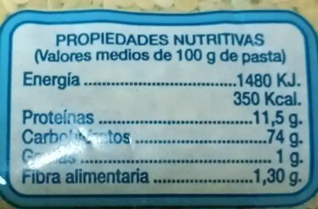Pastas de semola seleccionada nutrition facts table