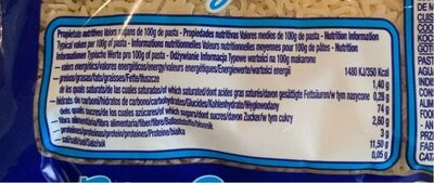 Pasta de semola nutrition facts table