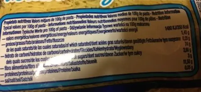 Pastas de semola nutrition facts table