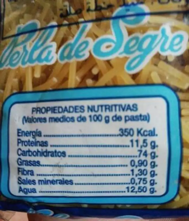 Pasta alimentaria Perla de Segre nutrition facts table