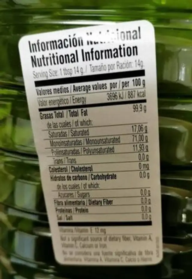 Aceite de oliva virgen extra nutrition facts table