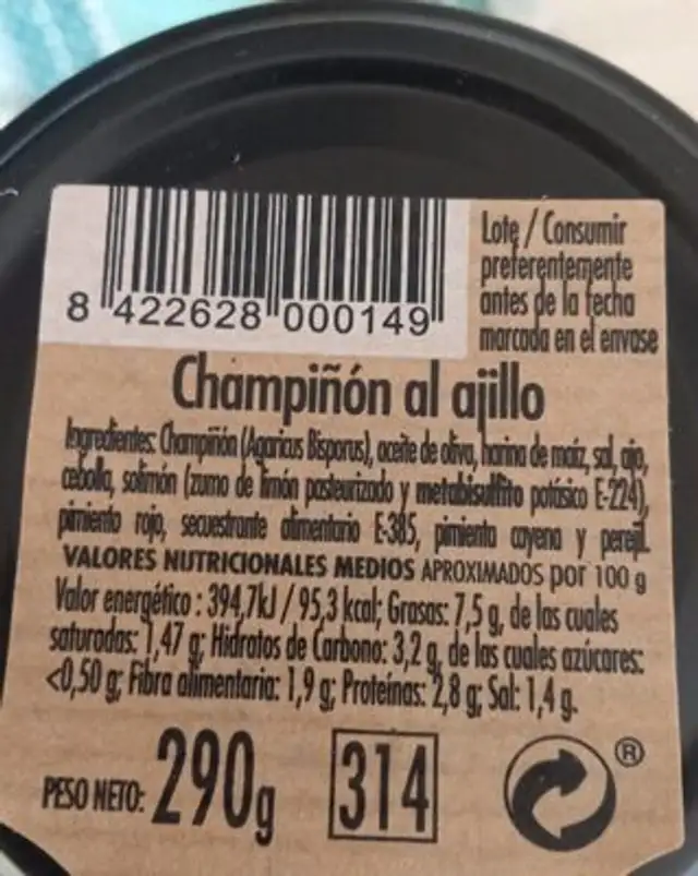 Champiñón al ajillo nutrition facts table