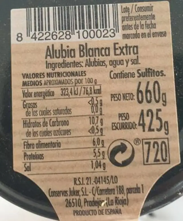 Alubia blanca extra nutrition facts table