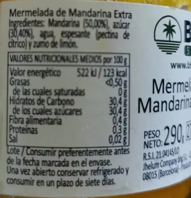 Mermelada de Mandarina Extra nutrition facts table