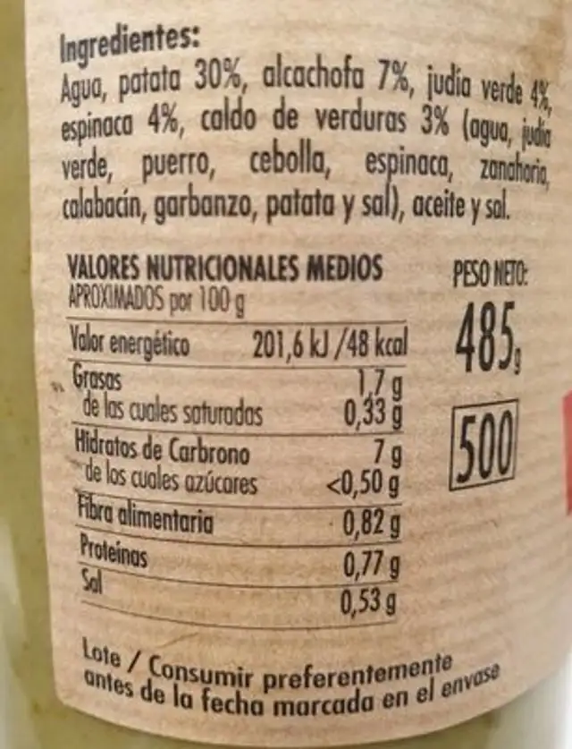 Crema de verduras nutrition facts table