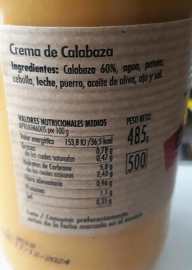Crema de calabaza nutrition facts table