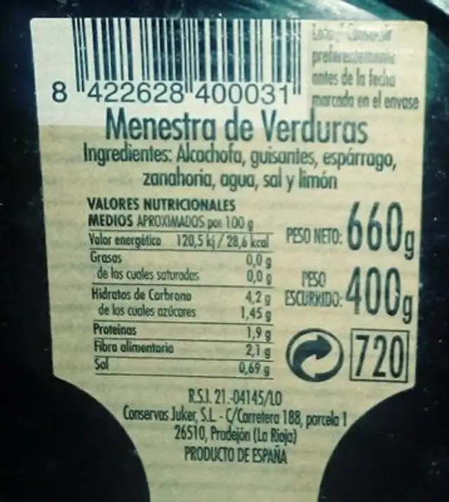 Menestra de verduras extra nutrition facts table