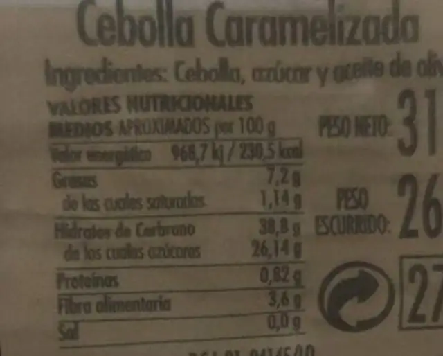 Cebolla caramelizada nutrition facts table