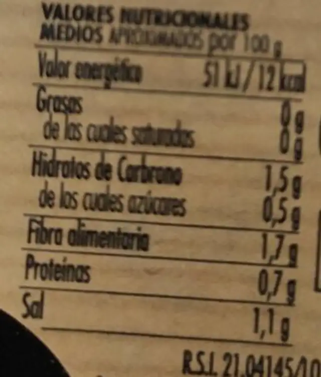 Judía verde nutrition facts table