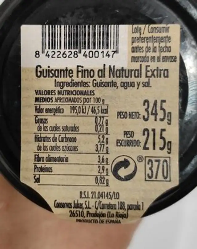 Guisante fino al natural Extra nutrition facts table