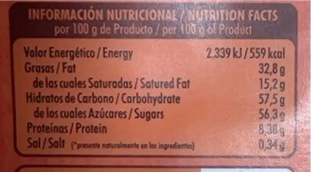 Chocolate negro con naranje nutrition facts table
