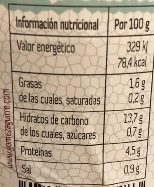 Garbanzos primera nutrition facts table