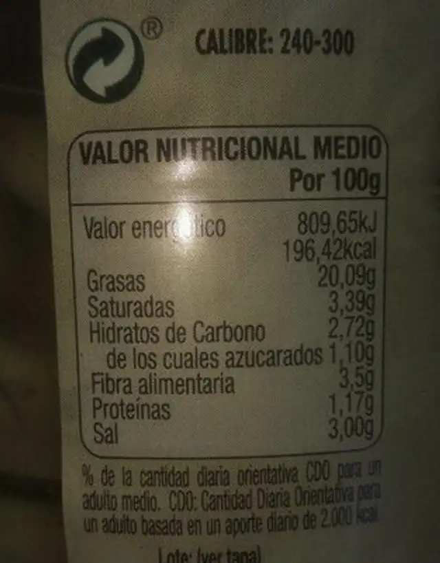 Aceitunas verdes partidas aliñadas chupadeo nutrition facts table