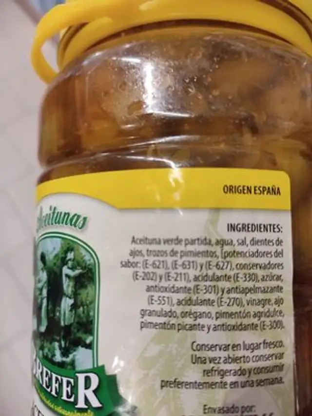 Aceitunas Verdes Partidas Aliñadas Verdial ingredients label