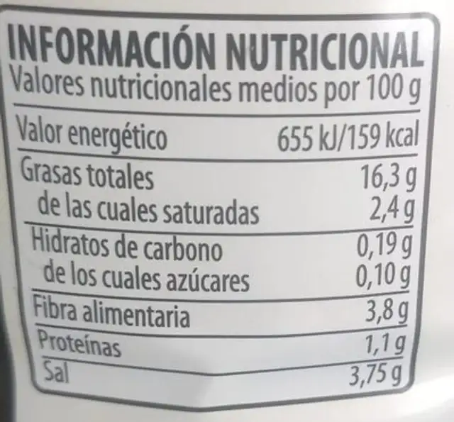 Aceitunas Verdes Partidas Aliñadas Verdial nutrition facts table
