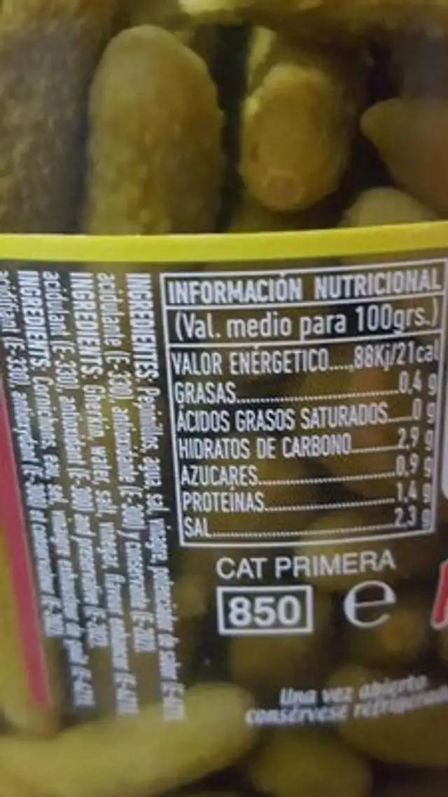 Pepinillos en Vinagre nutrition facts table