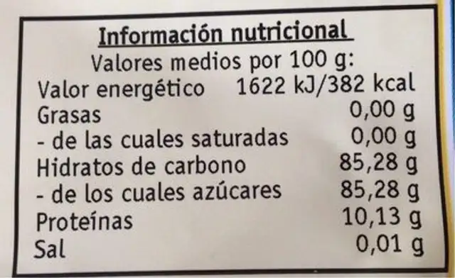 Gelatina nutrition facts table